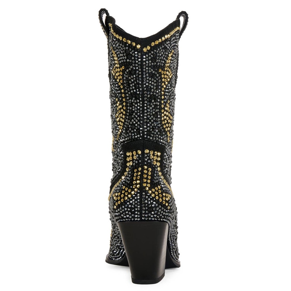 AZALEA WANG Embellished Crystal Western Boots Black & Gold Glam Rock Cowgirl - Picture 2 of 7